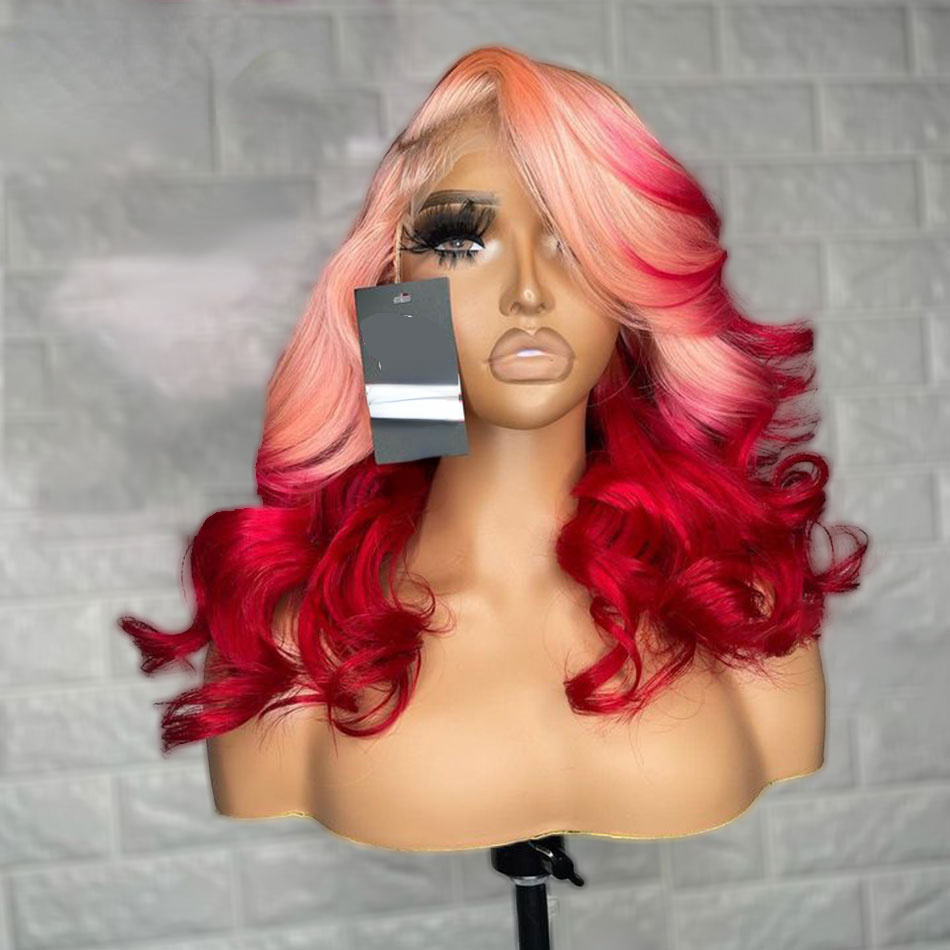 Brazilian Ombre Pink Red Lace Front Body Wave Wig Human Hair Transparent 13x4 Lace Frontal Wig 200 Density PrePlucked for Women