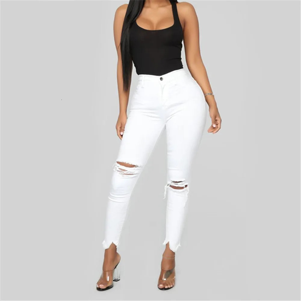 Black and White Ripped Jeans For women Slim denim Casual Skinny pencil pants Fashion Womens clothing S3XL Drop 241007