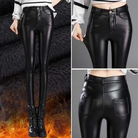 Leather Plush Thickened High Waist Elastic Korean Size Pu Pants Small Fashion Women Clothing Y2k 241007