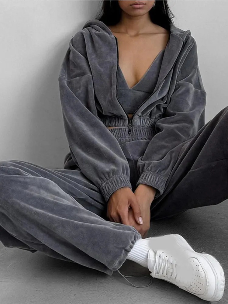 2024 Autumn Winter Fashion Hoodies Pants Suits Elegant Cotton Solid Zipper Cardigan Oversized Trousers Set Female Warm Outerwear 241010