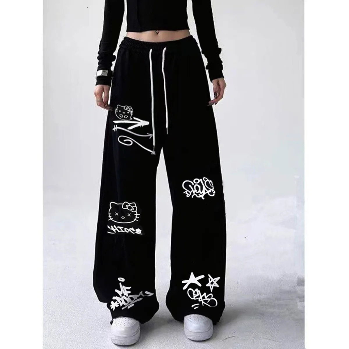 American street hiphop jazz graffiti hanging straight leg sweatpants High waist loose dancing wide casual pants 241011