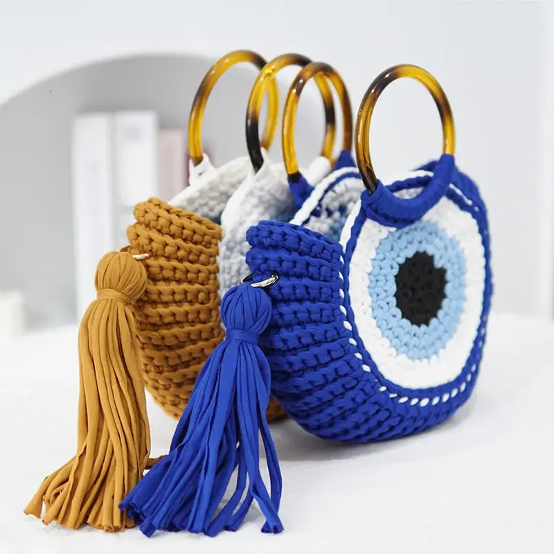 Rope crochet handbag tassel eye circular handle clutch womens handmade knitted yarn beach bag shoulder 241014