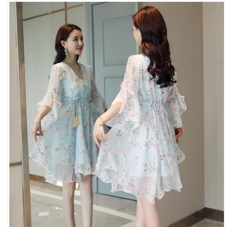 Women V-Neck Floral Printed Chiffon Dresses Summer Short Sleeve Flare Lace Up Mini Dress With Lining Mujer Vestidos 210514