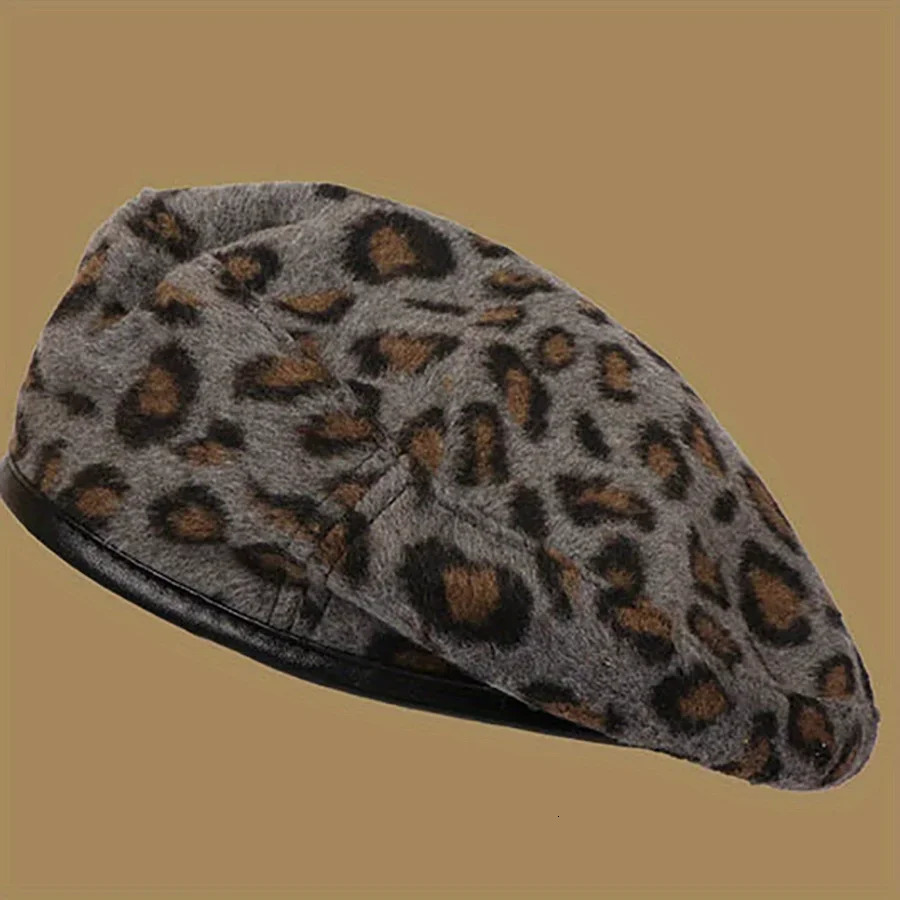 Leopard Print Artist Hat Windproof and Warm Brimless Cap with Adjustable Rope Autumn Retro Beret Winter Casual Fashion Felt Hat 241009