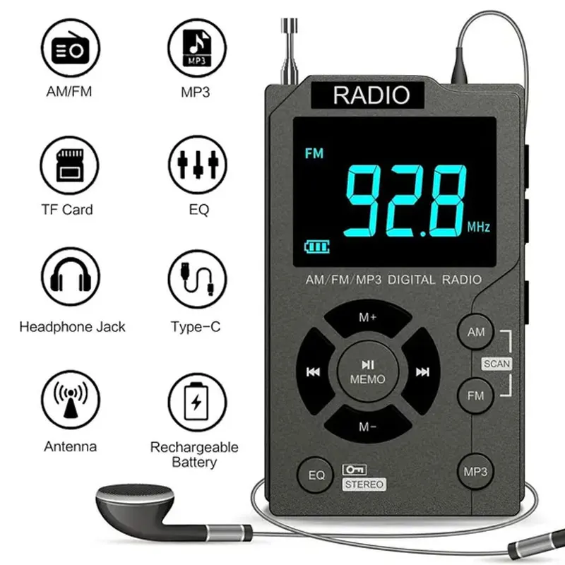 AM/FM, MP3 Support TF Card Expansion, EQ Adjustment, Telescopic Antenna, USB-C Fast Charging Real-time Display of Power Supply