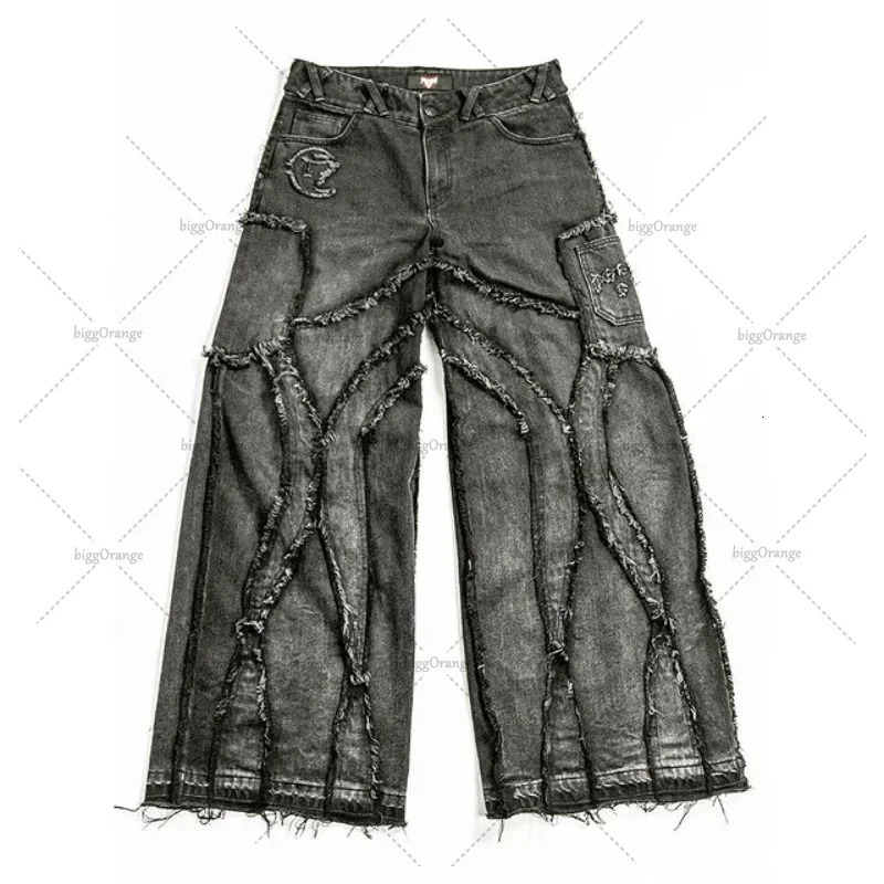 Frayed Edges distressed Washed Gothic Jeans 2024 Fashion Casual Punk Rock Loose Wide Leg Pants Mens Streetwear 241011