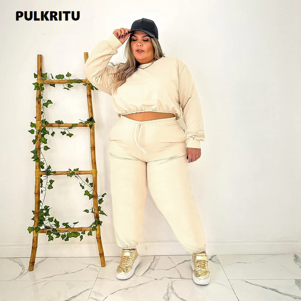 Pulkritu plus size womens jogging pants set and long sleeved sportswear fashionable two-piece set active sportswear set 240930