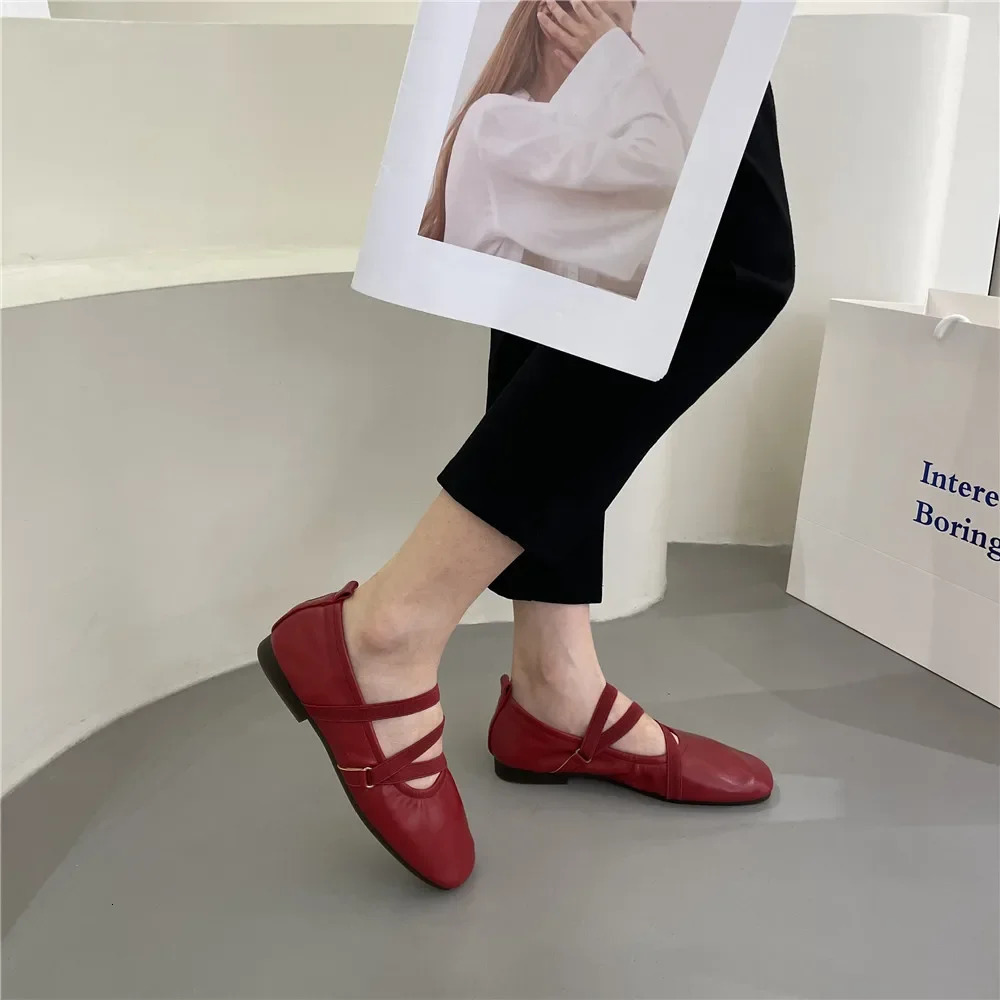 Ballet Flat Women Comfy Leather Woman Square Toe Thin Strap Mary Janes Ladies Retro New Casual Shoes 241014