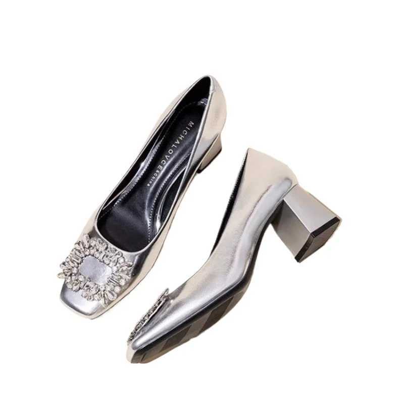 French temperament silver high heels women soft leather spring and autumn new thick heel square head crystal single shoes S04LX241014