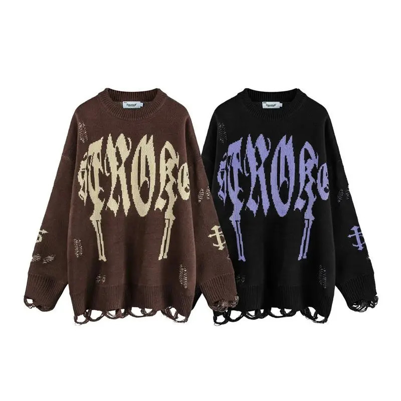American retro tear hole letter jacquard knitted sweater mens long sleeved loose Versatile Pullover 241007