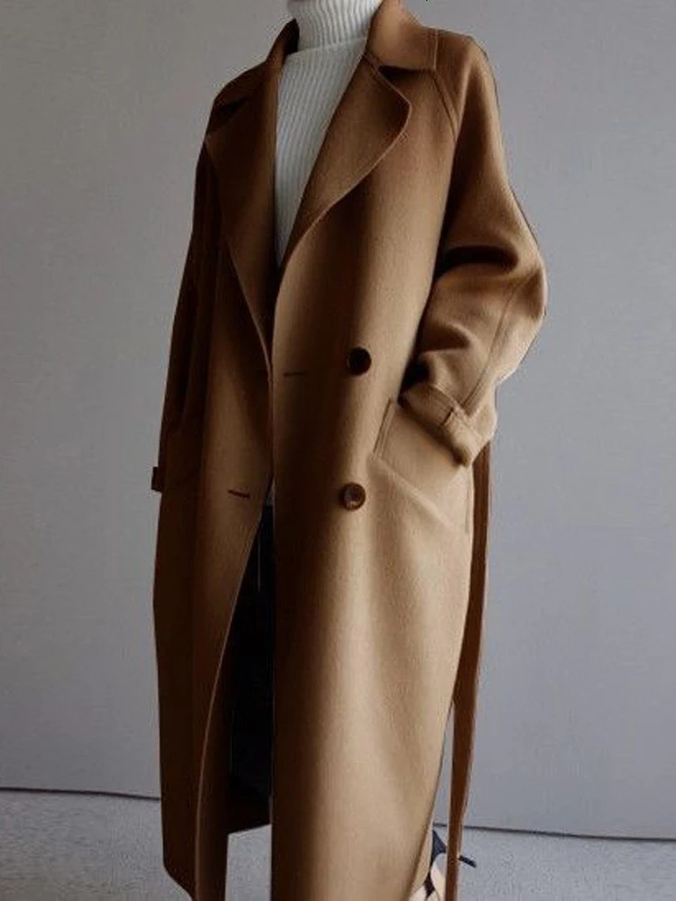 Wool blend coat womens autumn and winter retro long jacket womens Korean fashion elegant coat womens oversized loose collared coat 240930