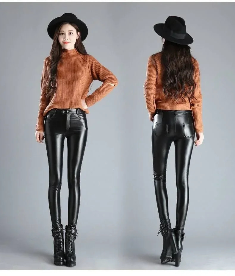 Leather Plush Thickened High Waist Elastic Korean Size Pu Pants Small Fashion Women Clothing Y2k 241007
