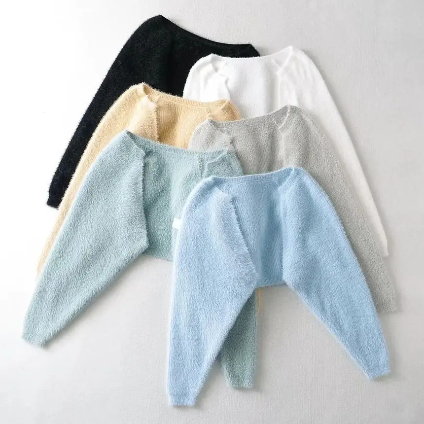 Fuzzy Bolero Shrug for Women Mohair Knit Long Sleeve Open Front Plain Cropped Cardigan Sweater Teengirl Y2K 90s Outfit 241011