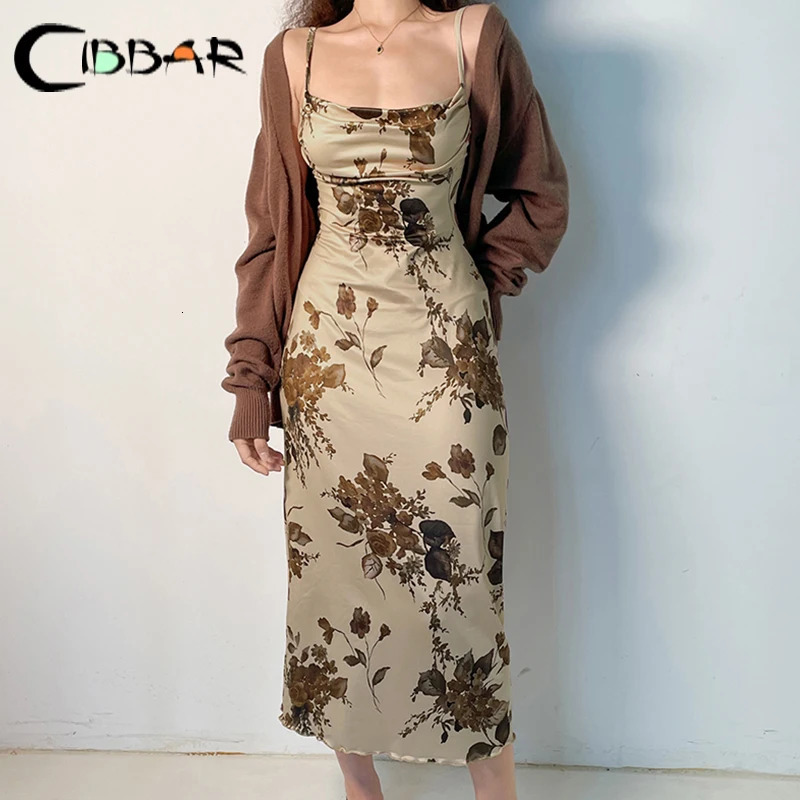 CIBBAR y2k Vintage Strap Dress Retro Floral Print Sleeveless Summer Party Long Dresses for Women 2000s Aesthetic Elegant Ladies 241007