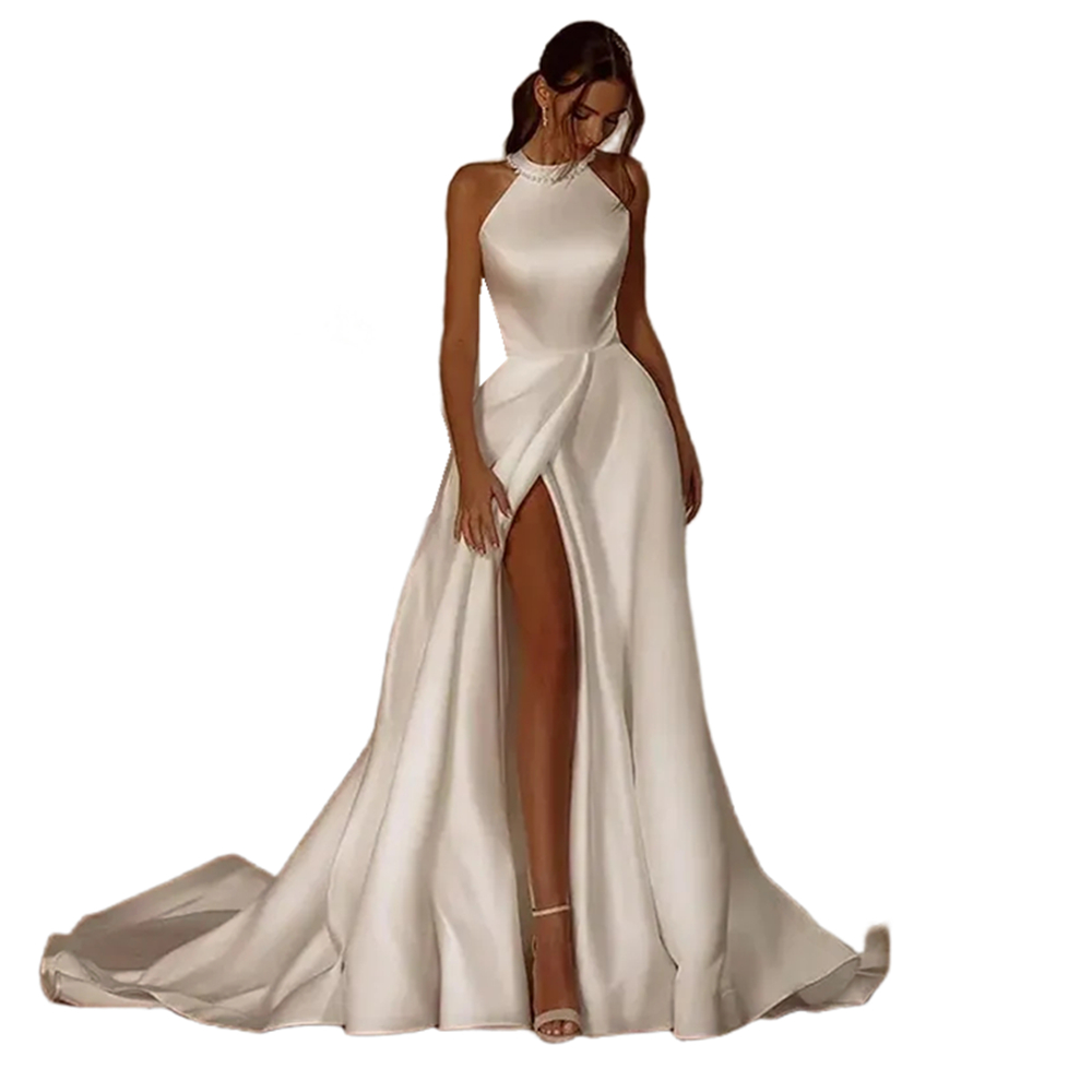 Sleeveless Satin A Line Simple Wedding Dresses With Pockets Bow Back Side Slit Jewel Neck Ivory Long Bridal Gown Court Train Vestido De Novia
