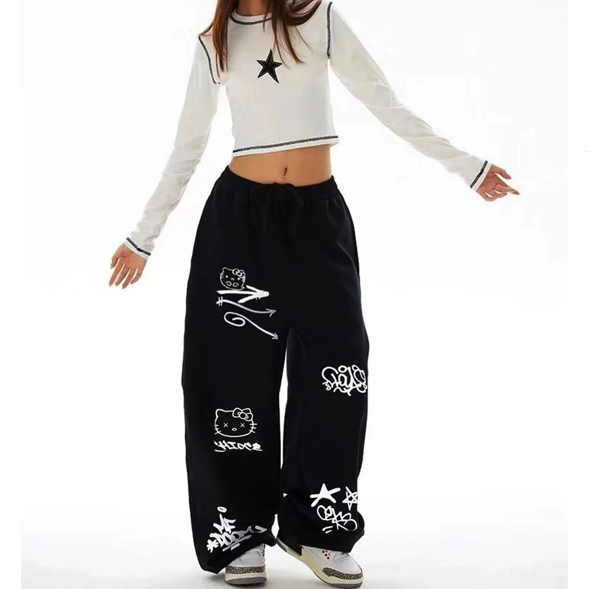 American street hiphop jazz graffiti hanging straight leg sweatpants High waist loose dancing wide casual pants 241011