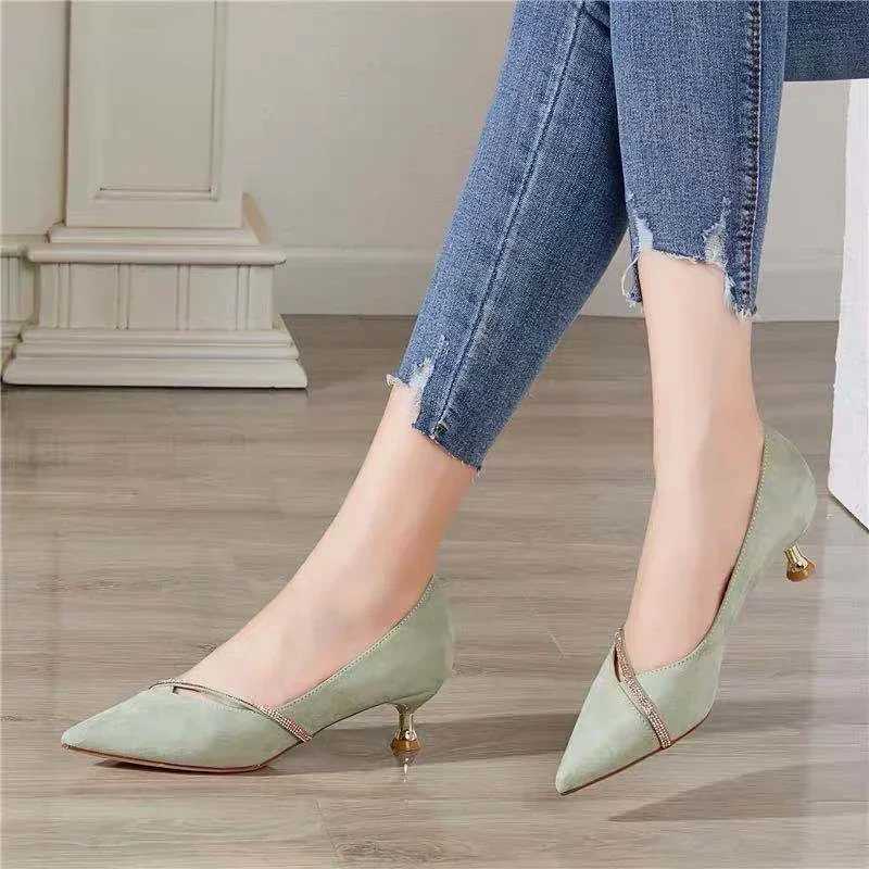 One Word Oblique Strap New Low-heeled Shoes Womens All-match Small Fresh Rhinestone Pointed Shoes Zapatos De Mujer PumpsLX241014