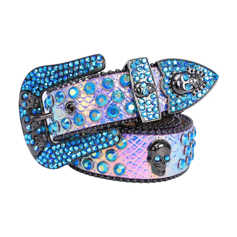 Home Skull Buckle Strap Womens Pu Leather Strap Rhinestone Buckle Strap Western Cowboy Y2k Girls Jeans Zipper Fashion Strap 240927
