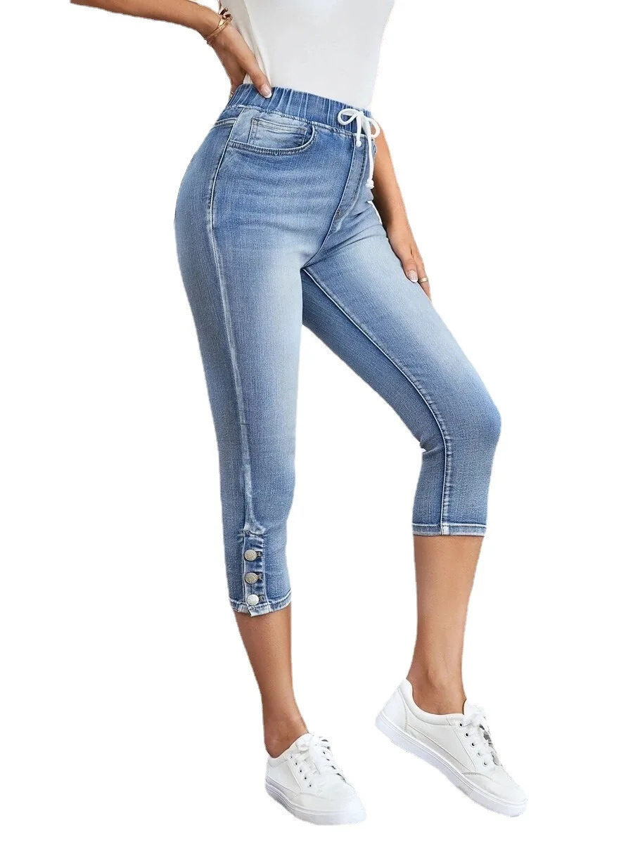 2023 Summer Womens CalfLength Jeans Fashion Skinny High Stretch Elastic Waist Denim Pencil Pants Casual Slim S2XL 241007