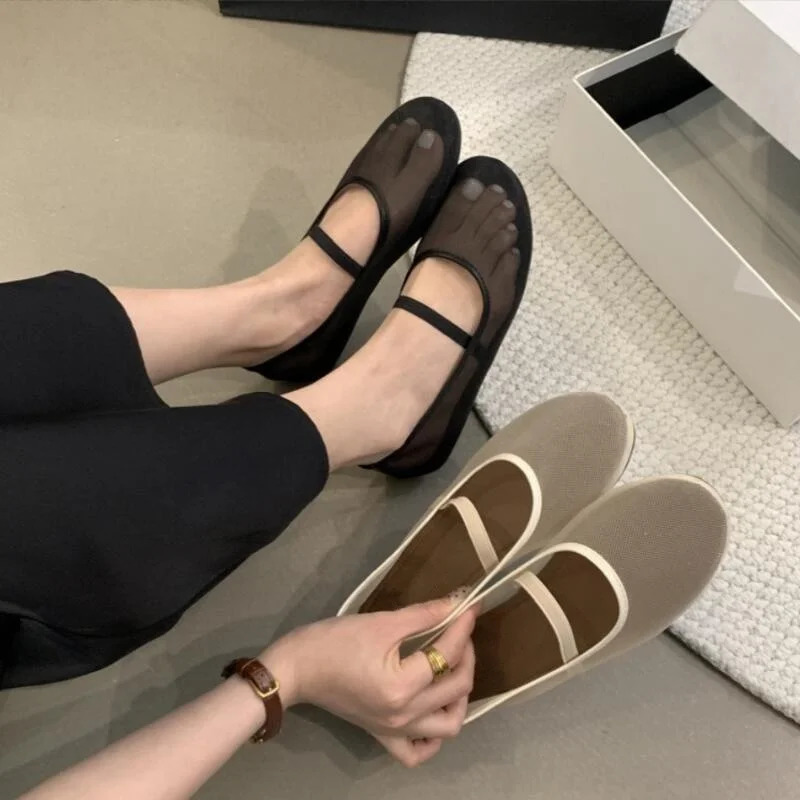 Fashion Mesh Mary Jane Flat Women Summer Shallow Elastic Band Footwear Ladies er Soft Sole Ballerina New Shoes 241014