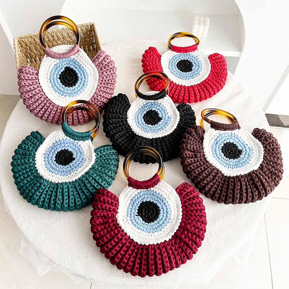 Rope crochet handbag tassel eye circular handle clutch womens handmade knitted yarn beach bag shoulder 241014