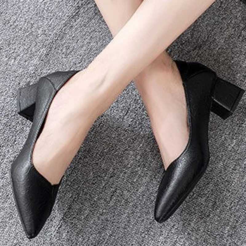 Pumps Women Shoes Shallow Chunky Heeled Pointed Toe Ladies Shoe Platform Soft Leather Slip on Womens Fashion Dress Office 2023LX241014