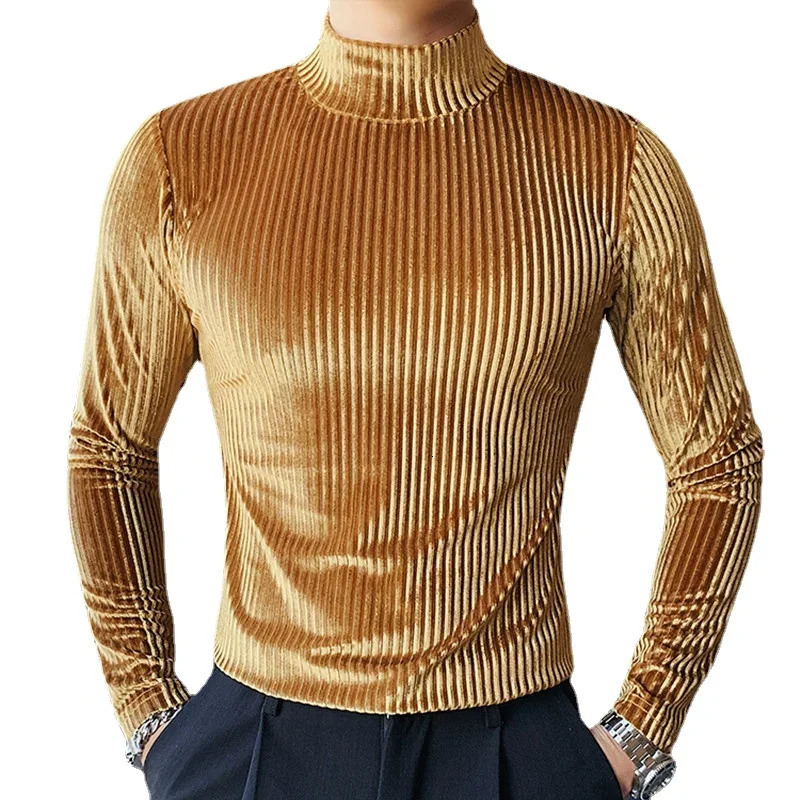 Gold Velvet T Shirt Men Clothing 2024 Autumn and Winter Fashion Prom Party Long-sleeved Striped Pullover Homme 4XL-S 241011