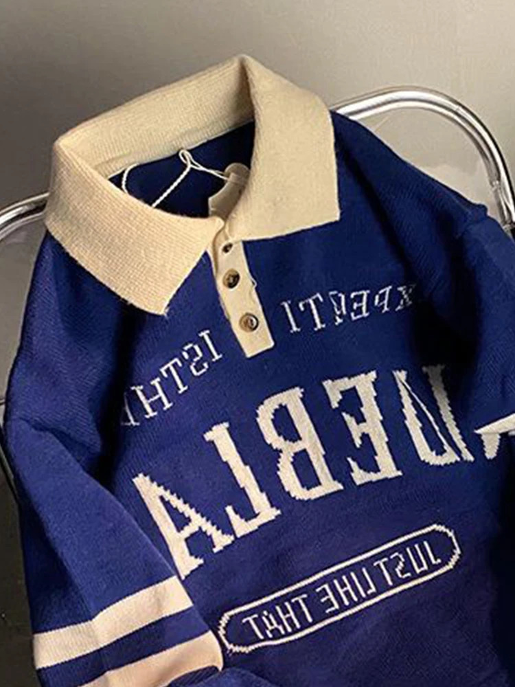 Gmiixder American Retro Collar Sweater Mens Hip Hop Retro Street Letter Pullover Neutral Grunge Punk Preparatory Stripe Racing Top 241007