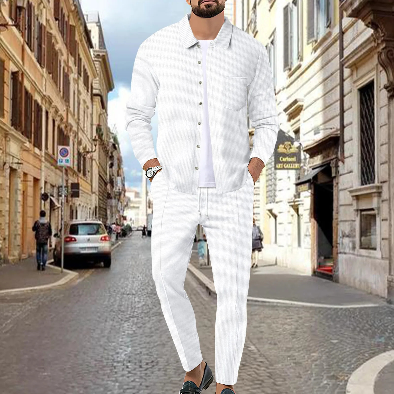 Mens summer casual long sleeved button up shirt waffle two sets of daily pants 240930