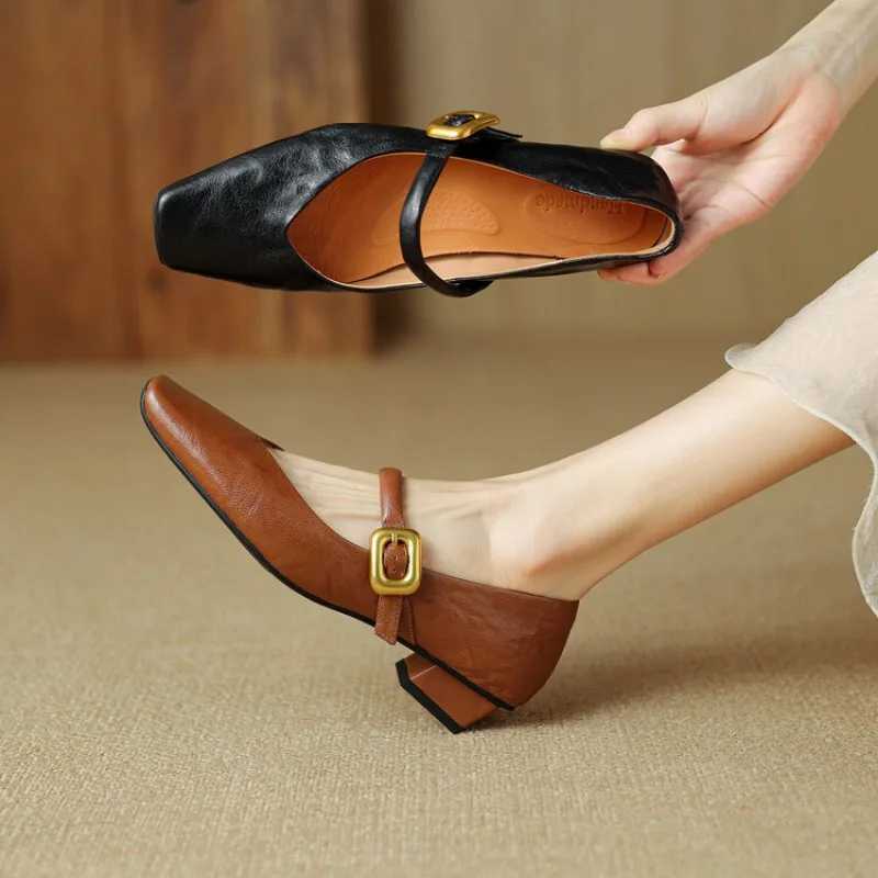 Womens Shoes French Square Toe Mary Jane Autumn New Button Buckle High Heels Comfort Anti Slip Shallow Mouth Single ShoeLX241014