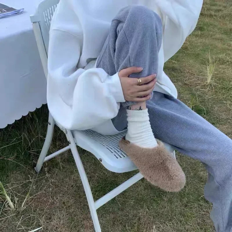 2025 new Mule Slippers Women Winter Home Shoes Slip on Furry Loafers with Butterfly Knot Fur Slides Female Lush Fluffy Moccasins 241014