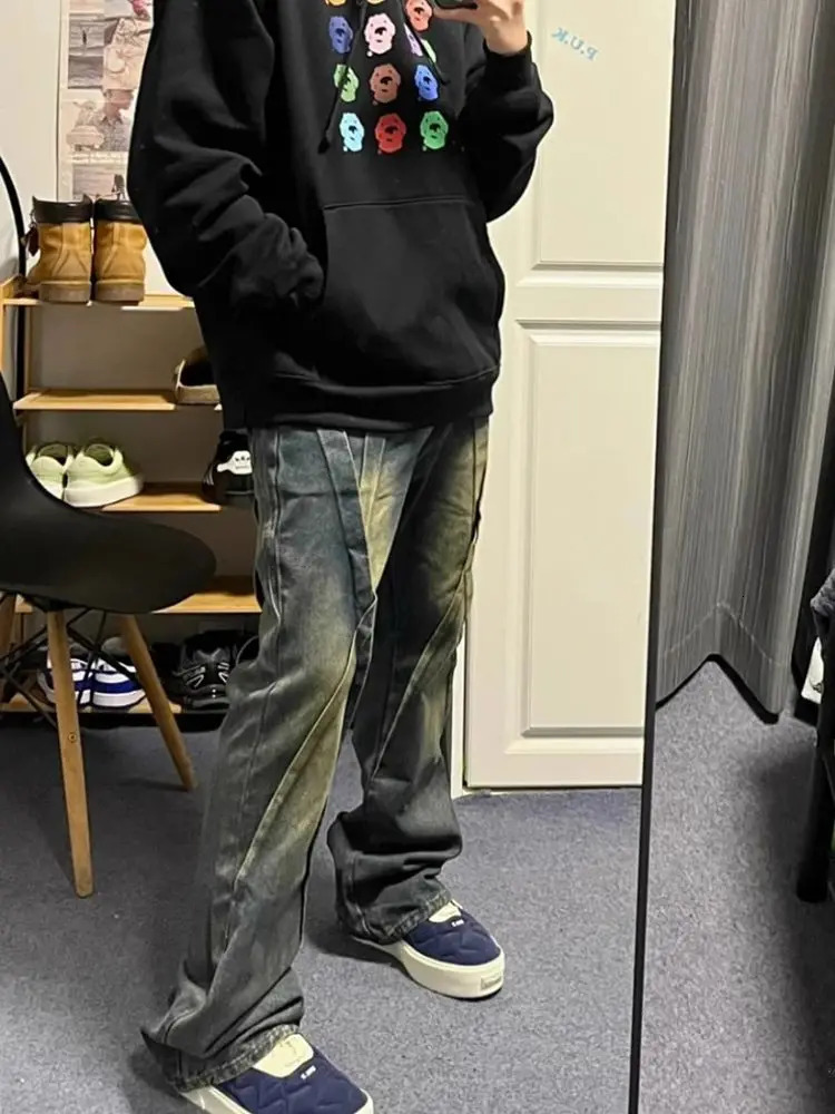 Spring high street mens and womens straight leg washed jeans hip-hop trend straight leg micro flash casual pants Y2K 241007