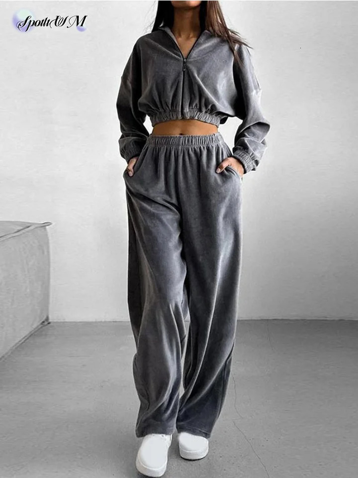 2024 Autumn Winter Fashion Hoodies Pants Suits Elegant Cotton Solid Zipper Cardigan Oversized Trousers Set Female Warm Outerwear 241010