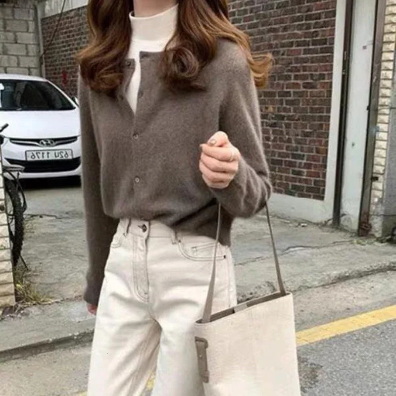 Fall Solid Color Knitted Cardigan Women Korean Single Breasted Long Sleeve Jumper Woman Round Neck All Match Sweater Outwear Top 241009