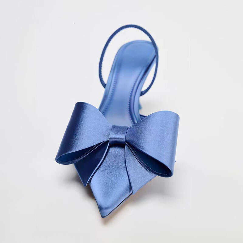 TRAF French Blue Bow High Heels For Woman Retro Point Head Stilettos Sgbac Women Satin Fabric Thin Heeled Sandals Shoes