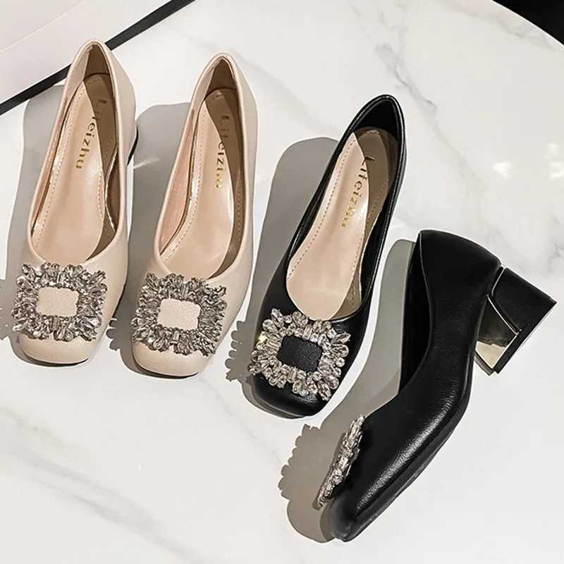 2024 New Women 5cm High Heels Elegant Party Pumps Female Bling Crystal Square Buckle Square Toe High Heels Lady Barefoot ShoesLX241014