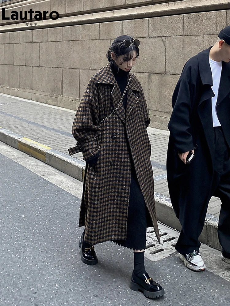 Lautaro autumn and winter loose casual soft plain woolen coat womens double chest fashionable and er clothing 241007