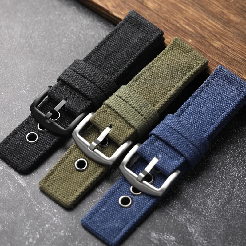 Handmade Thickened Canvas Watchband Rugged 20 22 24MM Soft Waterproof Watch Chain Blue Black Green Men Wearable Strap 241010