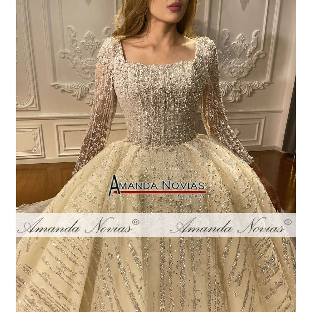 Long Square Neckine Sleeves Fluffy Wedding Dress