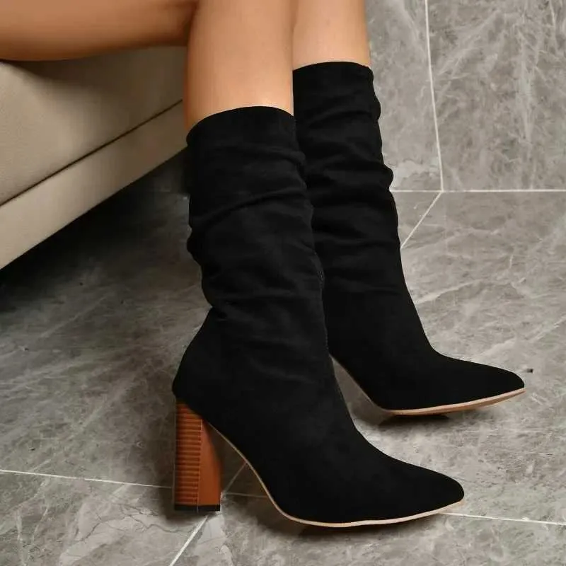 2023 New Winter Mid-Calf Fashionable Folding Thick Heel Pointed Toe Western Sexy Slip-On Womens Boots H240709