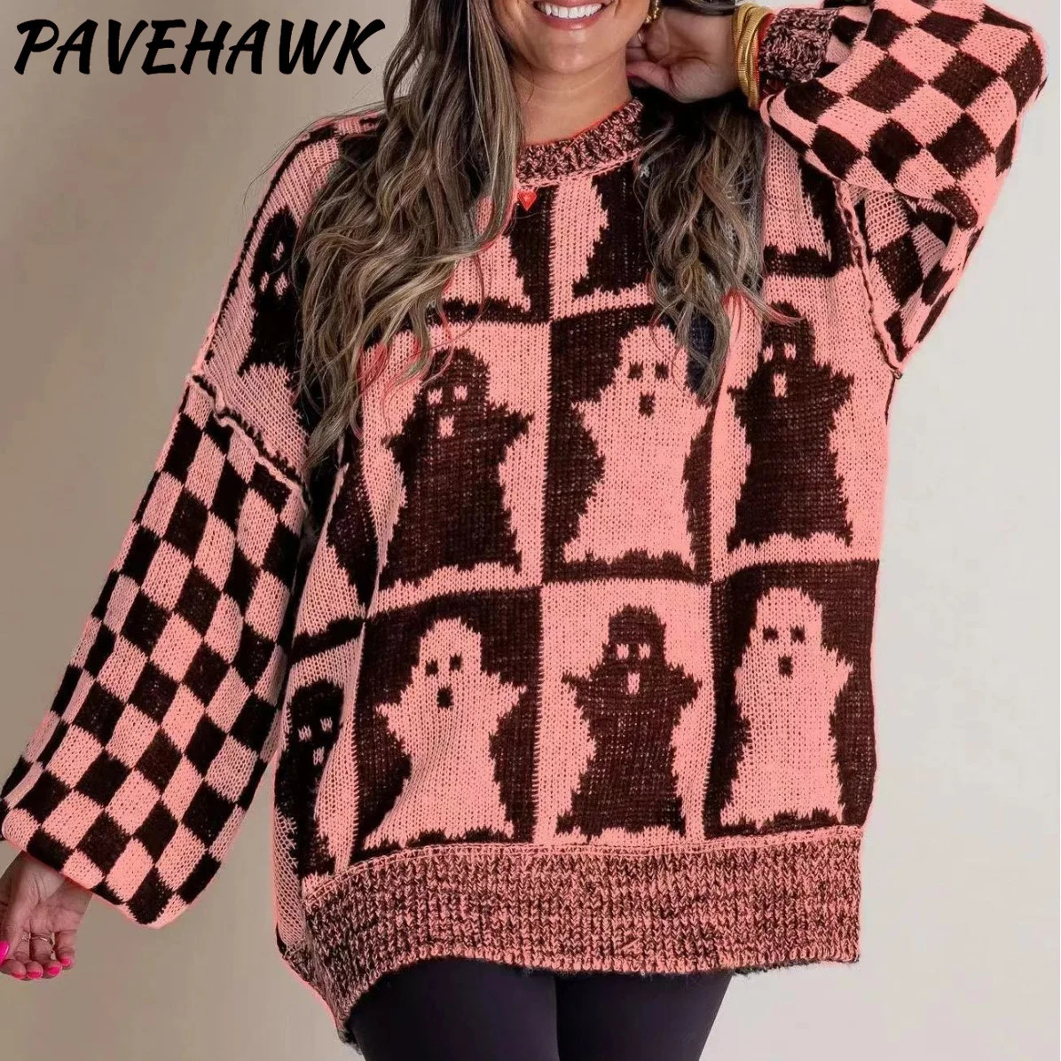 Womens Halloween pattern printed sweater autumn and winter Harajuku O-neck loose floral street clothing casual party womens knitted top 241007