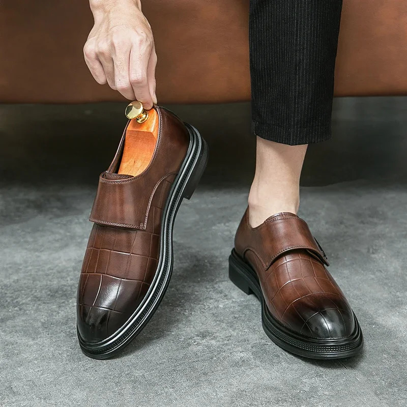 Brown Leather Loafers: Buckle Strap Round Toe Formal hot Wedding Shoes for Men