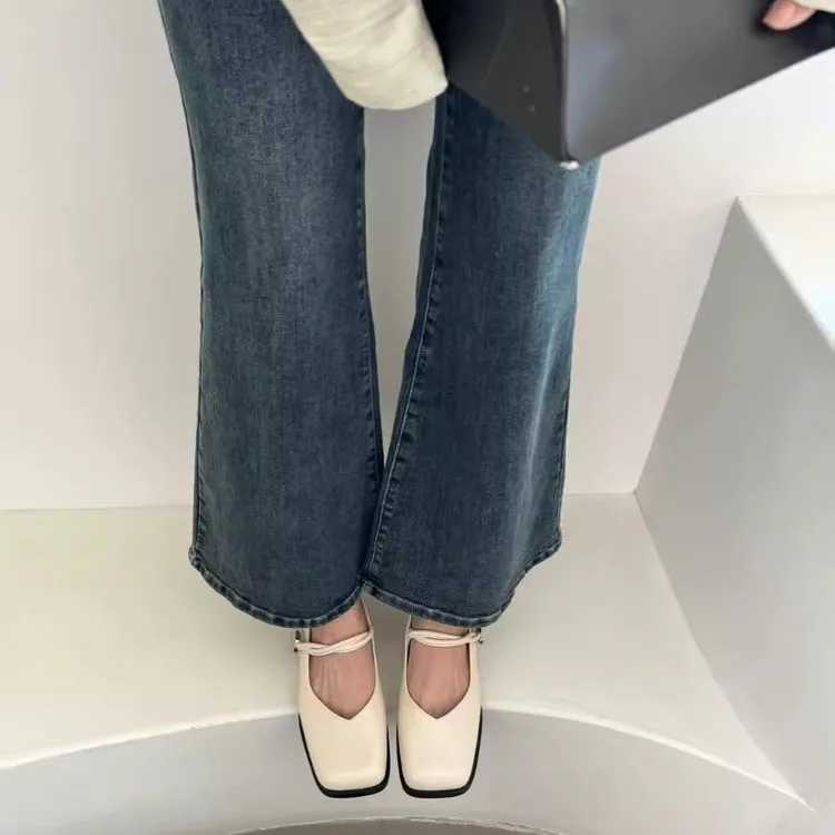 2024 Genuine Leather Square Toe Med Heel Spring Shoes Mature Sweet Dating Buckle Strap Mary Janes Women PumpsLX241014