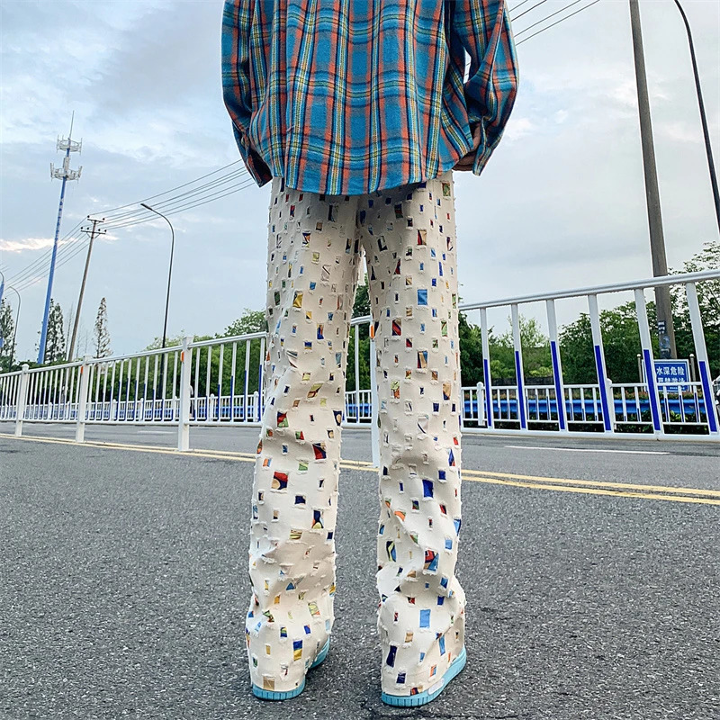 Spring break mens loose casual elastic waist cargo pants retro jacquard printed pants 241007