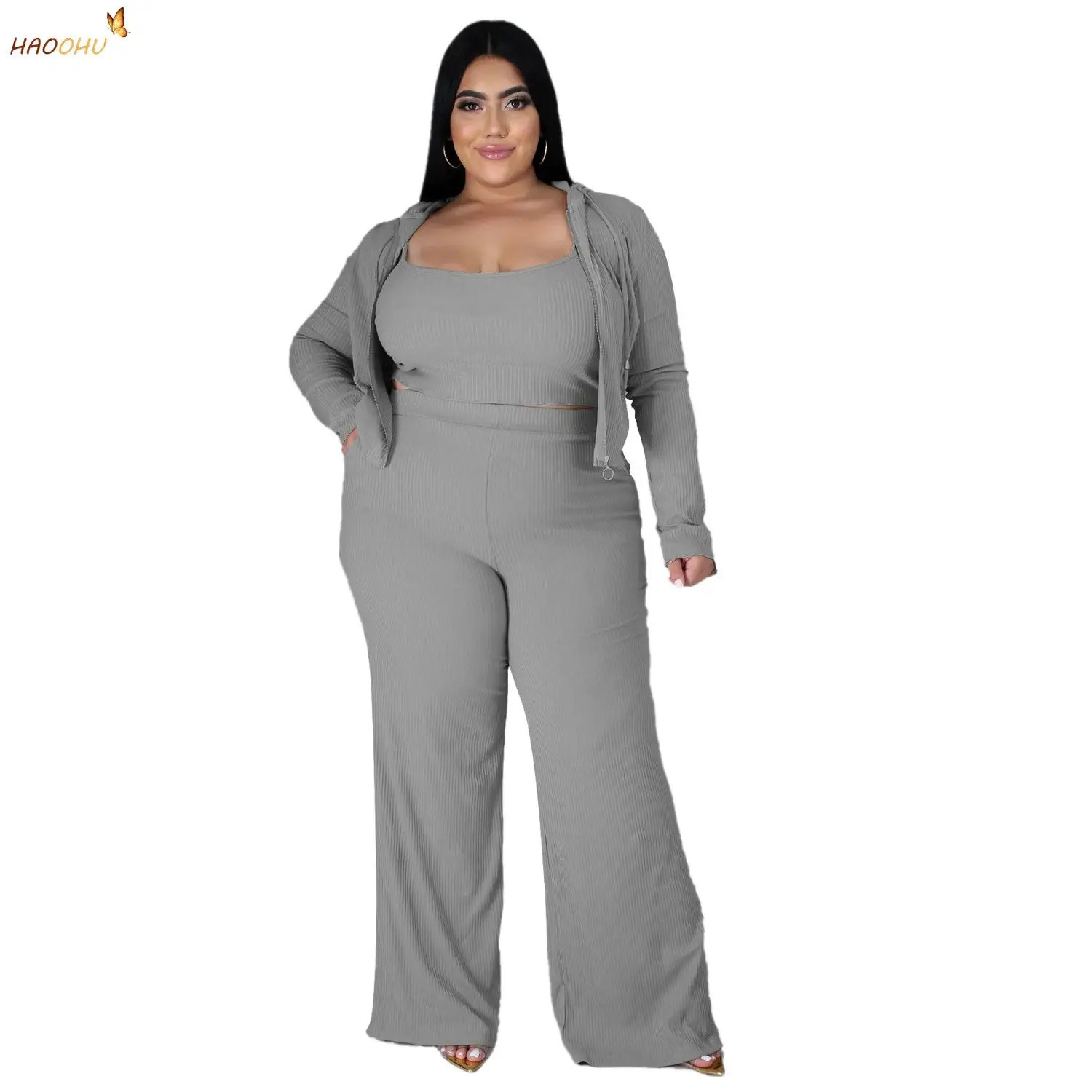 HAOOHU Womens Clothing Set Plus Size 3-Piece Set Urban Sports Shirt Tube Top Wide Leg Pants Strap Sports Leisure Set 240930