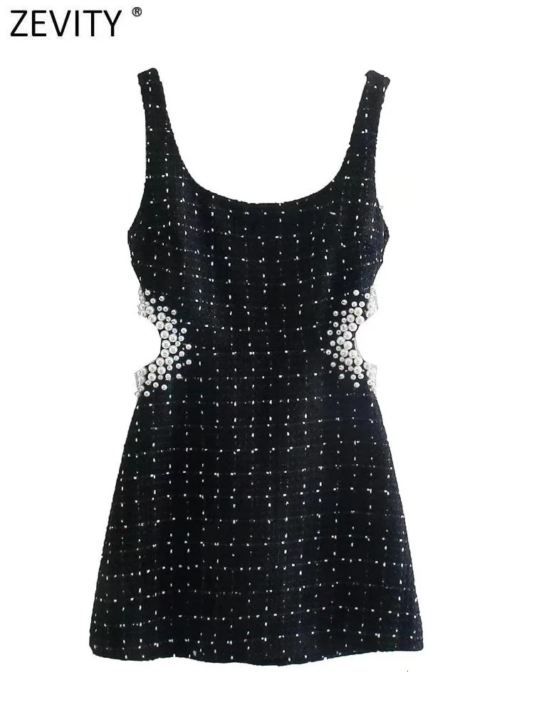 Zevity Women Sexy Waist Hollow Out Pearl Appliques Tweed Woolen Slim Mini Dress Female Chic Back Zipper Sling Vestidos DS2148 241011