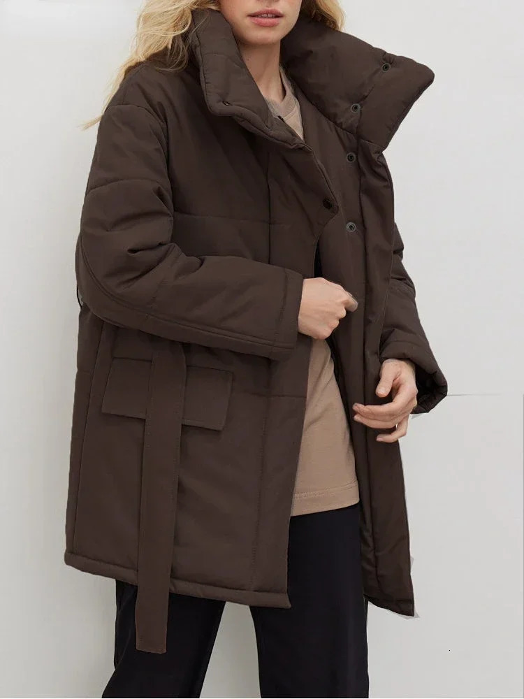 Sumuyoo Quilted Jacket Women Winter Loose Parkas Coat Vintage Belted Outwear Office Ladies Warm Cotton Puffer Jackets 241010