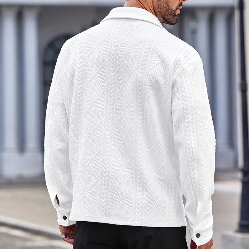 Stylish Turn-down Collar Button-up Mens Jacket 2024 Autumn Fashionable Jacquard Solid Color Jackets For Men Vintage Cardigan Top 241011