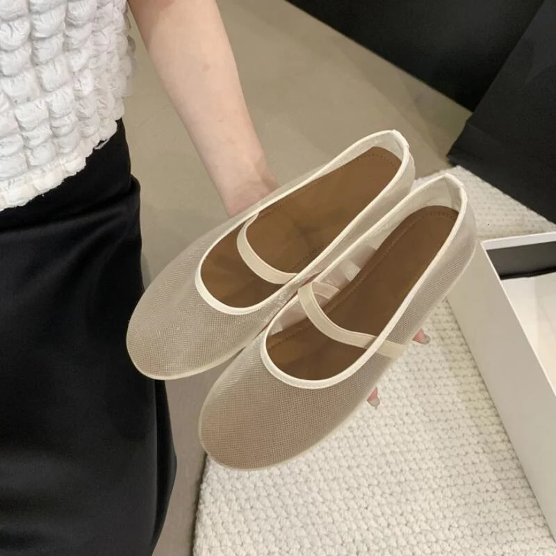 Fashion Mesh Mary Jane Flat Women Summer Shallow Elastic Band Footwear Ladies er Soft Sole Ballerina New Shoes 241014