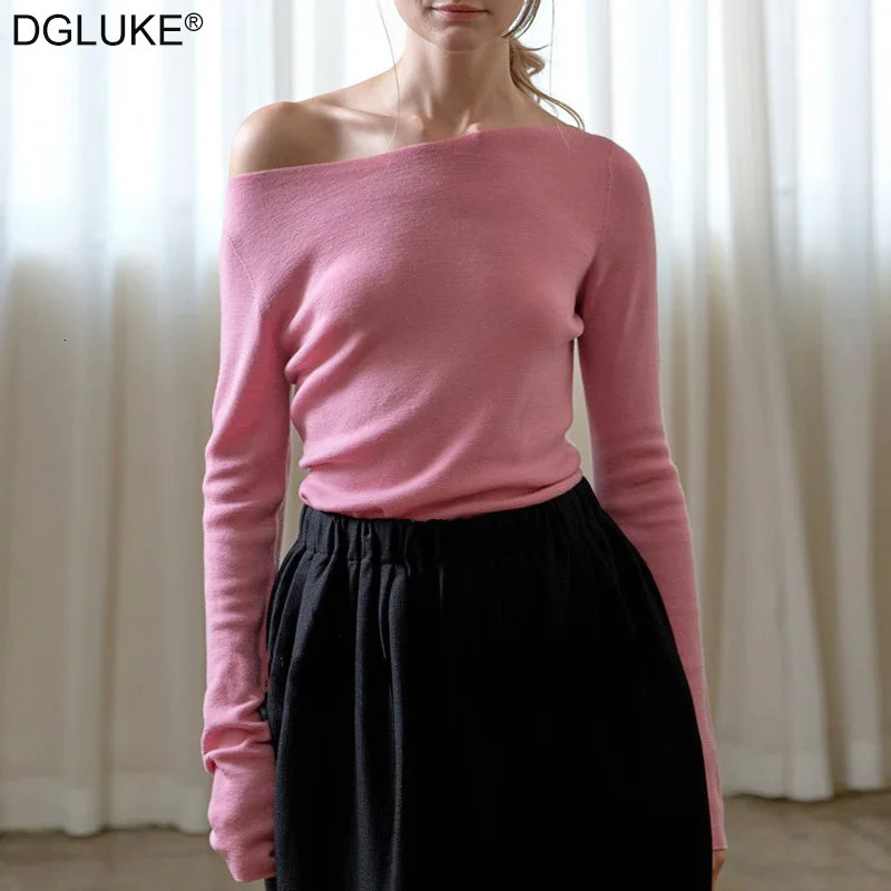 DGLUKE Slash Neck Cashmere Sweater Women Autumn Winter Warm Cozy Sweaters Off Shoulder Long Sleeve Top Knitted Pullover Jumper 241010